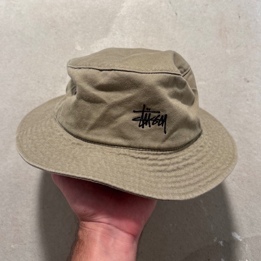 Stussy Stock Logo Bucket Hat Khaki Tan Cotton Twill Mens Small Medium